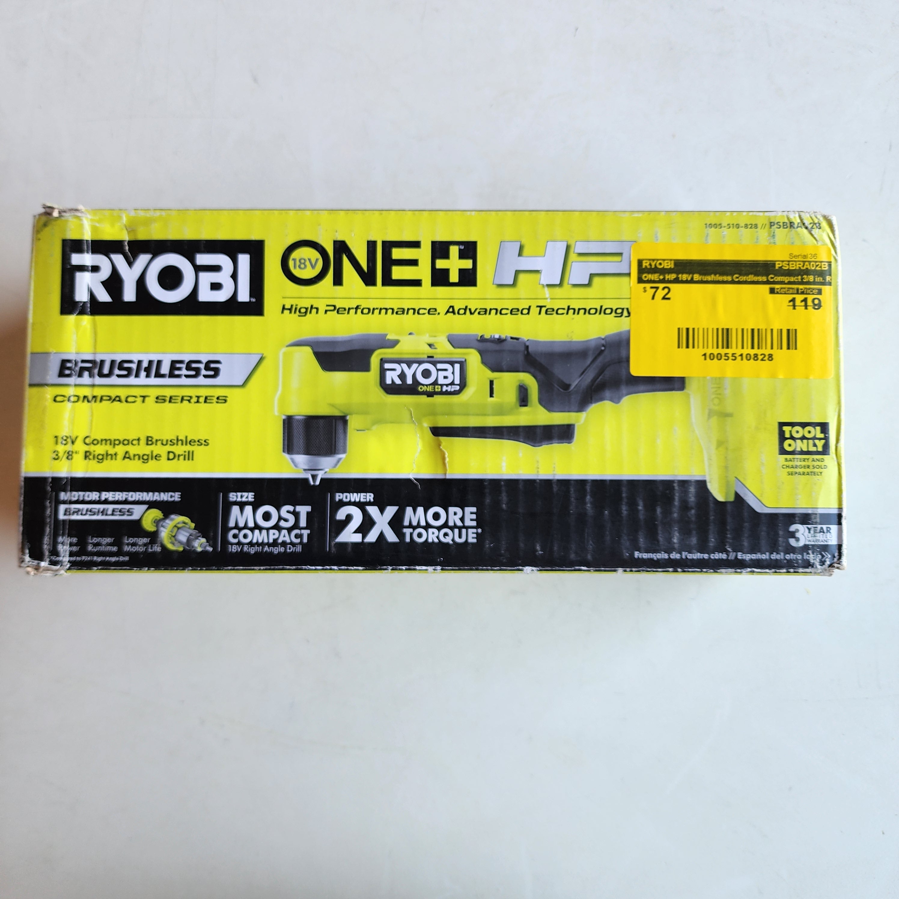 ONE+ HP 18V Brushless Cordless Compact 3/8 in. Right Angle Drill (Tool Only) (PSBRA02B) ONE+ HP 18V Brushless Cordless Compact 3/8 in. Right Angle Drill (Tool Only) (PSBRA02B)